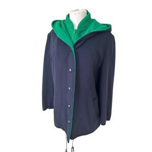 Vintage Authentic MacKintosh Vestcoat Navy Blue Green Button Wool Coat Hooded 14